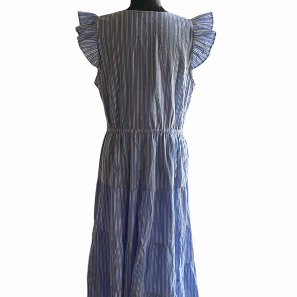 J Crew Blue Striped Tiered Midi Dress Flutter Sleeve Size 10 Cottagecore - Picture 3 of 8